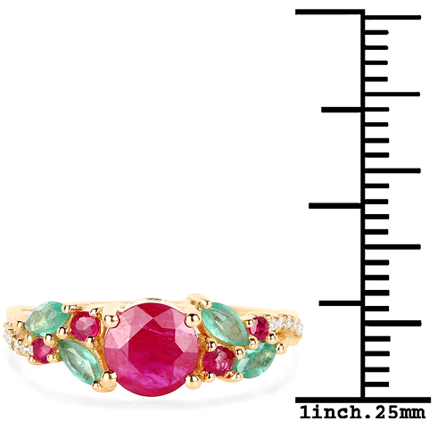 1.39 Carat Genuine Ruby, Zambian Emerald & White Diamond 14K Yellow Gold Ring