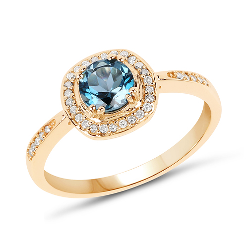 Rings-0.81 Carat Genuine London Blue Topaz and White Diamond 14K Yellow Gold Ring