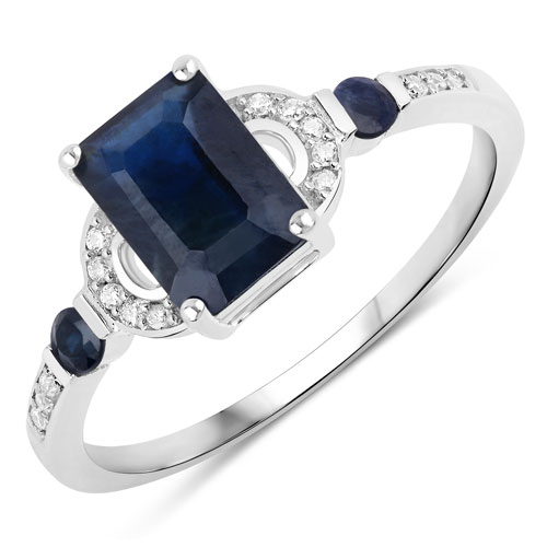 Sapphire-1.64 Carat Genuine Blue Sapphire and White Diamond 14K White Gold Ring