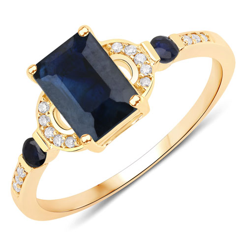Sapphire-1.64 Carat Genuine Blue Sapphire and White Diamond 14K Yellow Gold Ring
