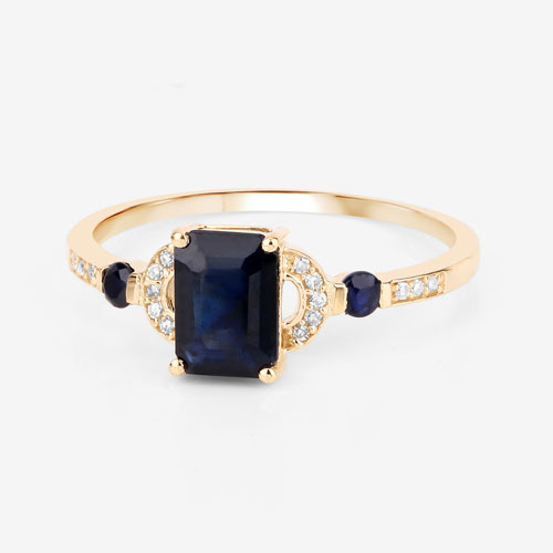 1.64 Carat Genuine Blue Sapphire and White Diamond 14K Yellow Gold Ring