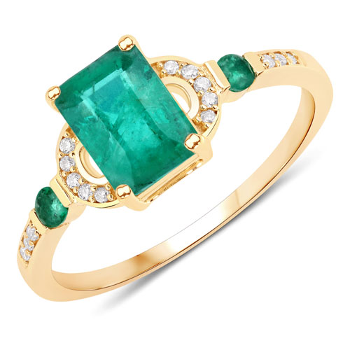 Emerald-1.08 Carat Genuine Zambian Emerald and White Diamond 10K Yellow Gold Ring