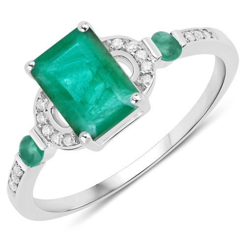 Emerald-1.07 Carat Genuine Zambian Emerald and White Diamond 14K White Gold Ring