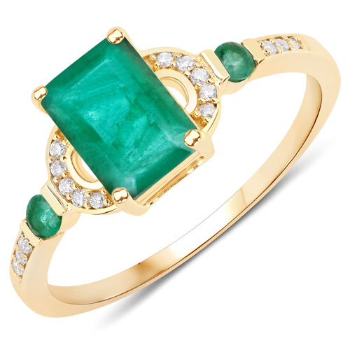 Emerald-1.07 Carat Genuine Zambian Emerald and White Diamond 14K Yellow Gold Ring