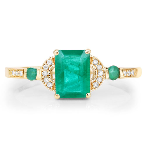1.07 Carat Genuine Zambian Emerald and White Diamond 14K Yellow Gold Ring