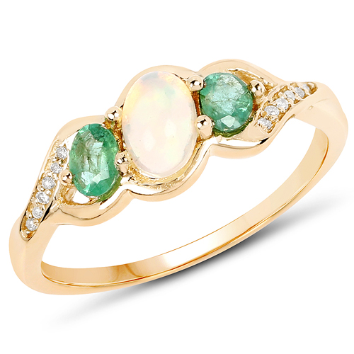 Opal-0.61 Carat Genuine Ethiopian Opal, Zambian Emerald & White Diamond 14K Yellow Gold Ring