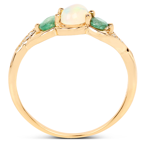 0.61 Carat Genuine Ethiopian Opal, Zambian Emerald & White Diamond 14K Yellow Gold Ring