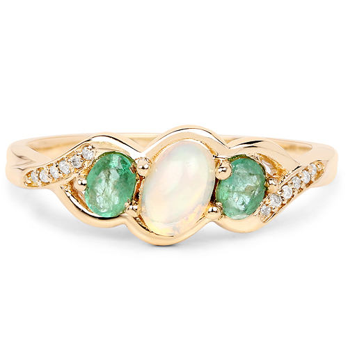 0.61 Carat Genuine Ethiopian Opal, Zambian Emerald & White Diamond 14K Yellow Gold Ring