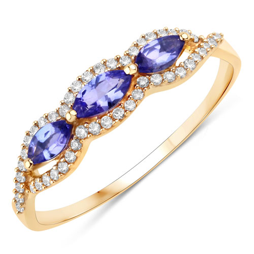 Tanzanite-0.44 Carat Genuine Tanzanite and White Diamond 10K Yellow Gold Ring