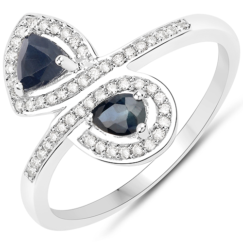 Sapphire-0.61 Carat Genuine Blue Sapphire and White Diamond 18K White Gold Ring