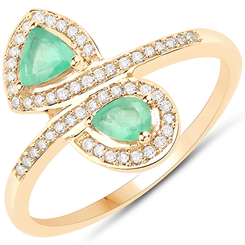 Emerald-0.55 Carat Genuine Zambian Emerald and White Diamond 18K Yellow Gold Ring