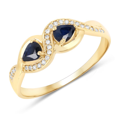 Sapphire-0.47 Carat Genuine Blue Sapphire and White Diamond 14K Yellow Gold Ring
