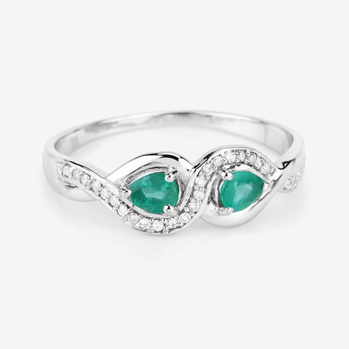 0.35 Carat Genuine Zambian Emerald and White Diamond 14K White Gold Ring