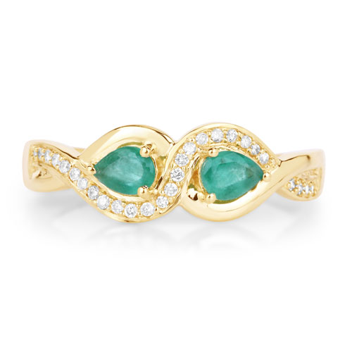 0.35 Carat Genuine Zambian Emerald and White Diamond 14K Yellow Gold Ring