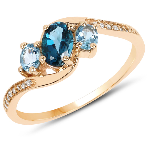 Rings-0.99 Carat Genuine London Blue Topaz, Swiss Blue Topaz and White Diamond 14K Yellow Gold Ring