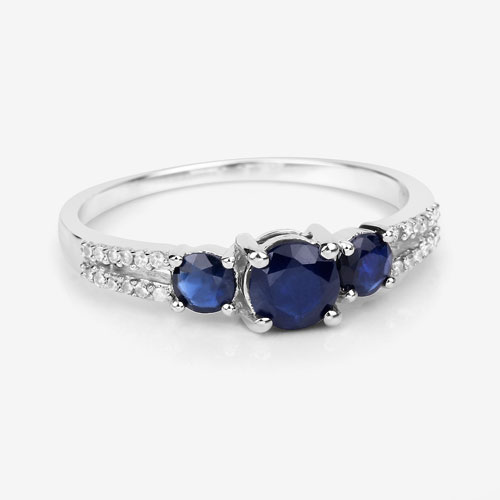 1.08 Carat Genuine Blue Sapphire and White Diamond 14K White Gold Ring