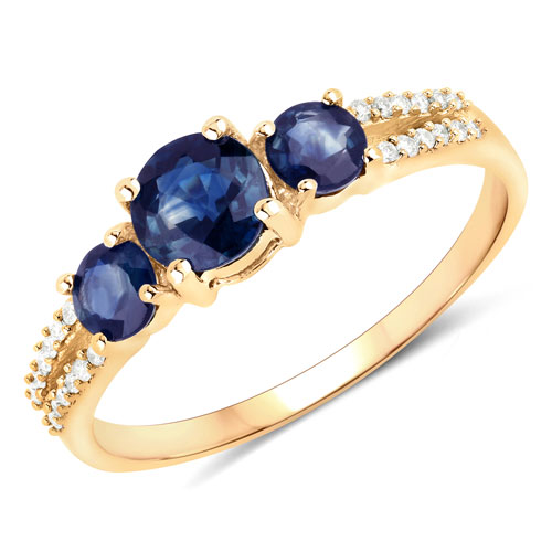 1.08 Carat Genuine Blue Sapphire and White Diamond 14K Yellow Gold Ring