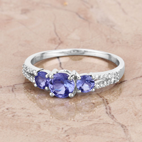 0.92 Carat Genuine Tanzanite and White Diamond 14K White Gold Ring