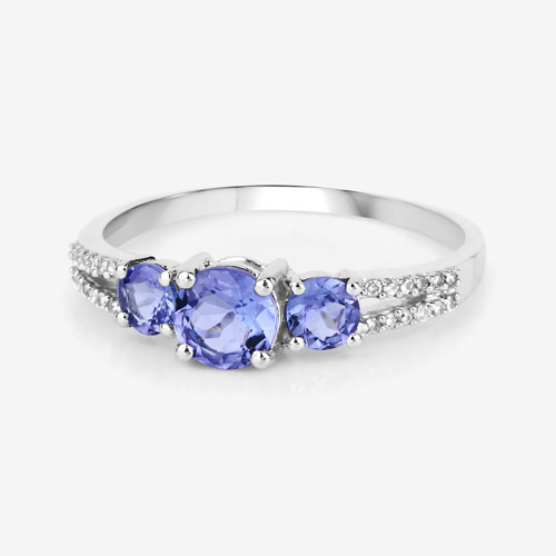 0.92 Carat Genuine Tanzanite and White Diamond 14K White Gold Ring