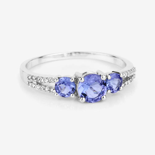 0.92 Carat Genuine Tanzanite and White Diamond 14K White Gold Ring