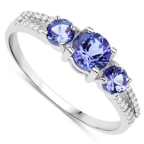 0.92 Carat Genuine Tanzanite and White Diamond 14K White Gold Ring