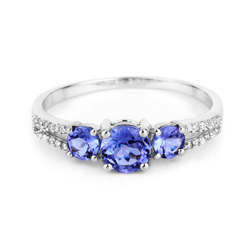 0.92 Carat Genuine Tanzanite and White Diamond 14K White Gold Ring
