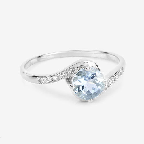 0.79 Carat Genuine Aquamarine and White Diamond 14K White Gold Ring