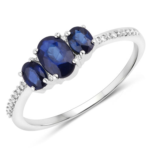 Sapphire-0.98 Carat Genuine Blue Sapphire and White Diamond 14K White Gold Ring