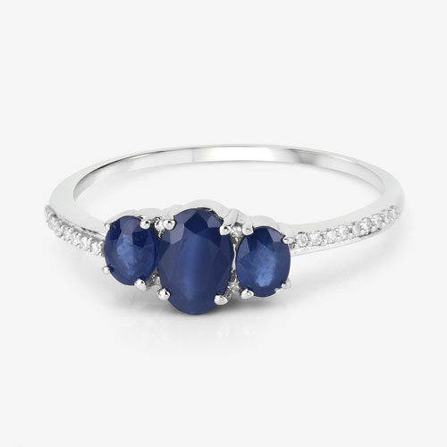 0.98 Carat Genuine Blue Sapphire and White Diamond 14K White Gold Ring