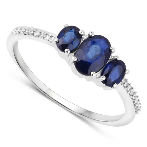 0.98 Carat Genuine Blue Sapphire and White Diamond 14K White Gold Ring