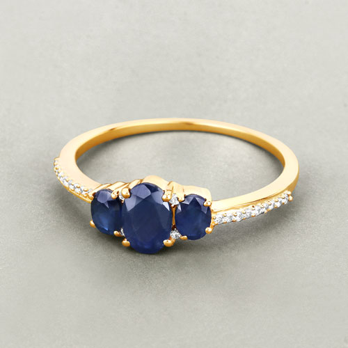 0.98 Carat Genuine Blue Sapphire and White Diamond 14K Yellow Gold Ring