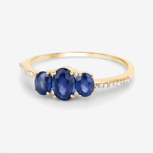 0.98 Carat Genuine Blue Sapphire and White Diamond 14K Yellow Gold Ring