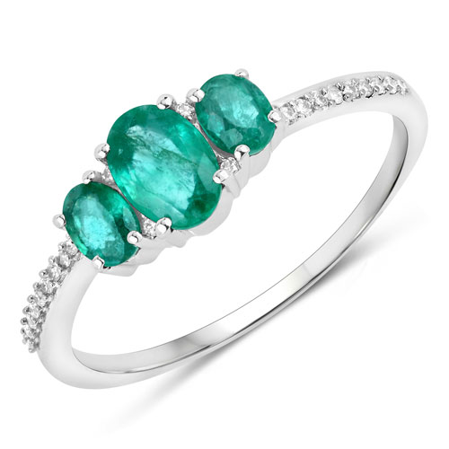 Emerald-0.80 Carat Genuine Zambian Emerald and White Diamond 14K White Gold Ring