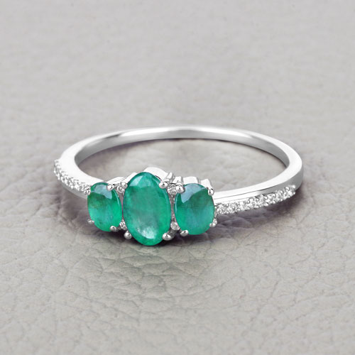 0.80 Carat Genuine Zambian Emerald and White Diamond 14K White Gold Ring