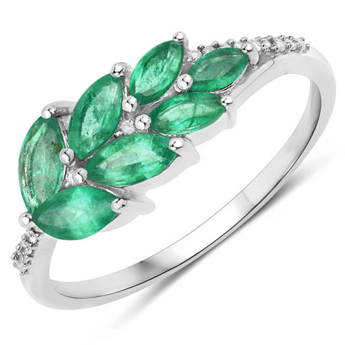 0.68 Carat Genuine Zambian Emerald and White Diamond 14K White Gold Ring