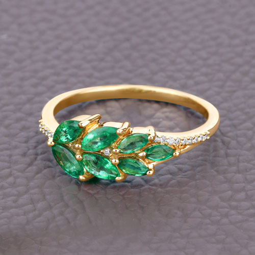 0.68 Carat Genuine Zambian Emerald and White Diamond 14K Yellow Gold Ring