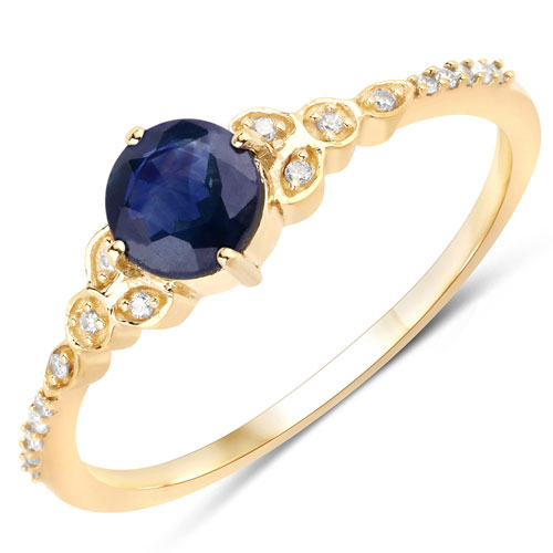 Sapphire-0.60 Carat Genuine Blue Sapphire and White Diamond 14K Yellow Gold Ring