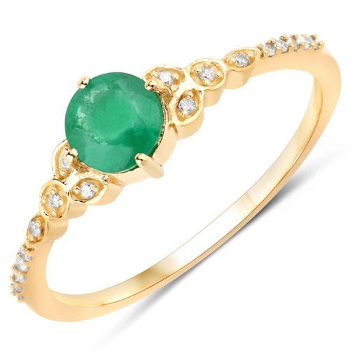 Emerald-0.47 Carat Genuine Zambian Emerald and White Diamond 14K Yellow Gold Ring
