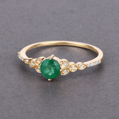 0.47 Carat Genuine Zambian Emerald and White Diamond 14K Yellow Gold Ring