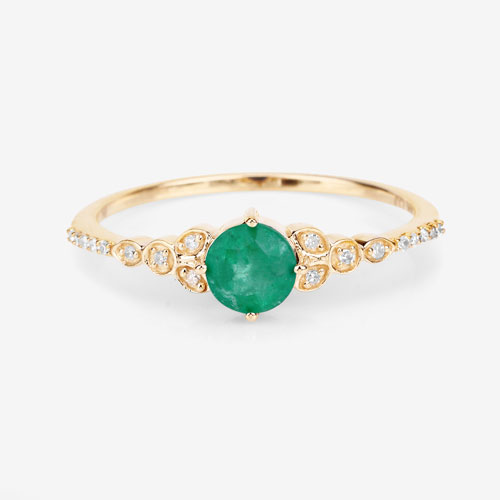 0.47 Carat Genuine Zambian Emerald and White Diamond 14K Yellow Gold Ring