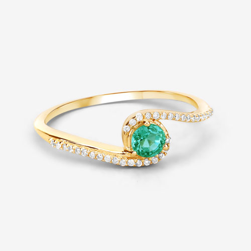 0.33 Carat Genuine Zambian Emerald and White Diamond 14K Yellow Gold Ring