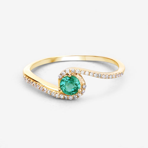 0.33 Carat Genuine Zambian Emerald and White Diamond 14K Yellow Gold Ring