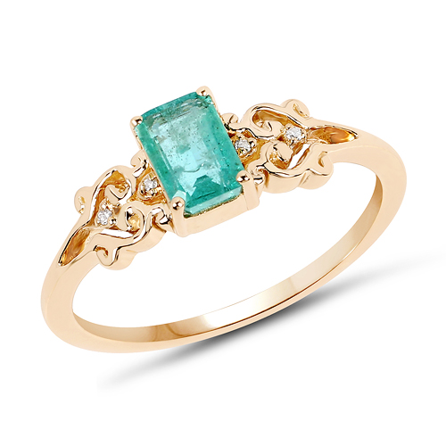 0.56 Carat Genuine Zambian Emerald and White Diamond 14K Yellow Gold Ring