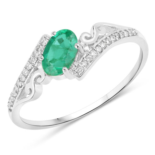 Emerald-0.51 Carat Genuine Zambian Emerald and White Diamond 14K White Gold Ring