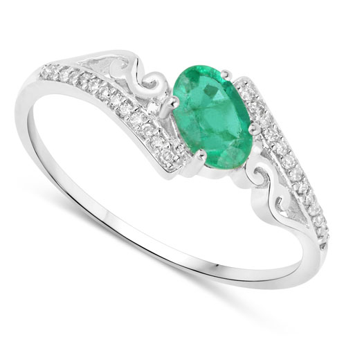 0.51 Carat Genuine Zambian Emerald and White Diamond 14K White Gold Ring