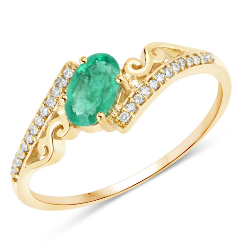 Emerald-0.51 Carat Genuine Zambian Emerald and White Diamond 14K Yellow Gold Ring