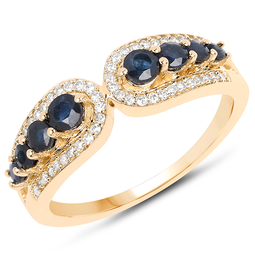 Sapphire-0.64 Carat Genuine Blue Sapphire and White Diamond 14K Yellow Gold Ring