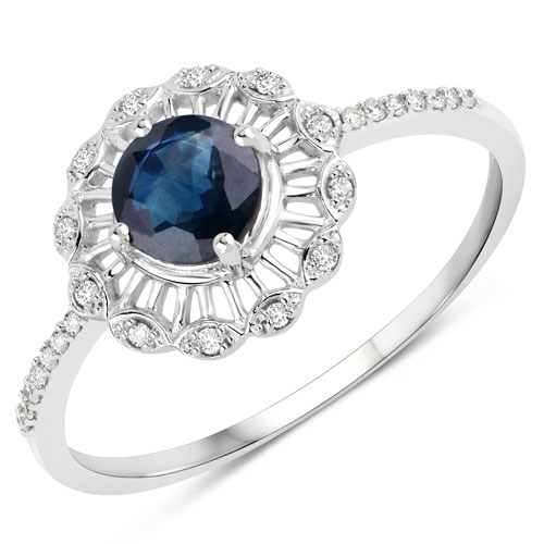 Sapphire-0.72 Carat Genuine Blue Sapphire and White Diamond 14K White Gold Ring