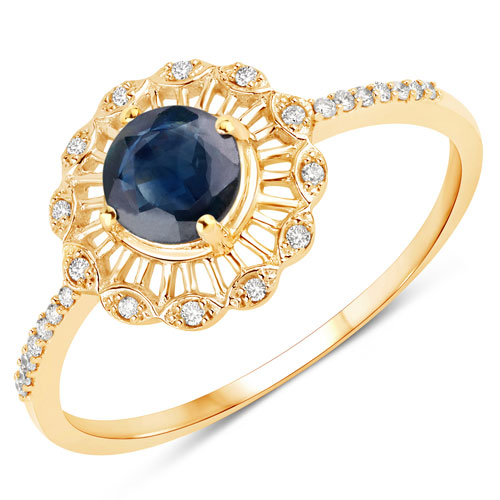 Sapphire-0.72 Carat Genuine Blue Sapphire and White Diamond 14K Yellow Gold Ring