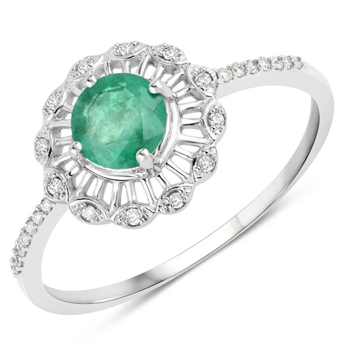 Emerald-0.49 Carat Genuine Zambian Emerald and White Diamond 14K White Gold Ring